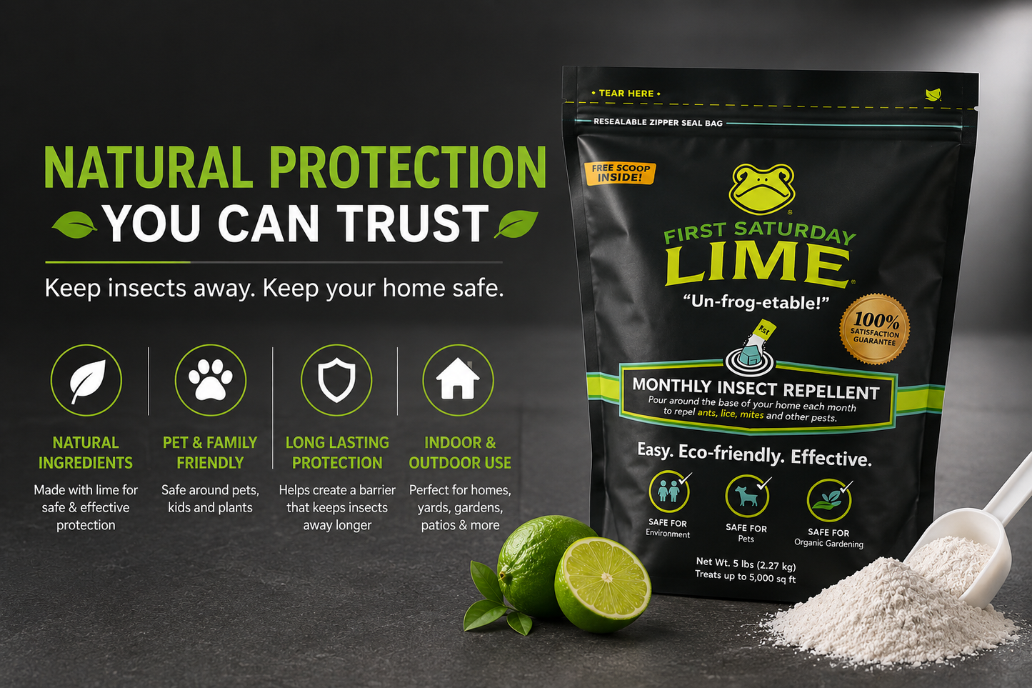 Lime Insect Repellent, Multi-Purpose Pet Friendly Pest Control & Deodorizer for Home, Garden, Yard & Chicken Coop Protect Homes And Other Buildings Protect Yards From Ticks
