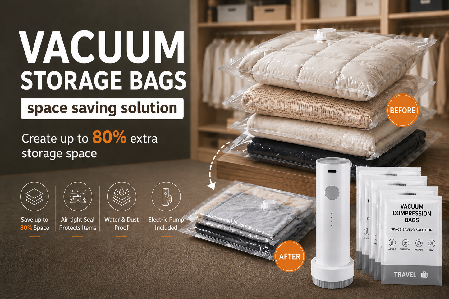 Cordless Travel Vacuum Storage Compression Bag Set – 15-Pack in 3 Sizes – USB Rechargeable Handheld Pump with Built-In Battery – Waterproof & Reusable Space Saver for Clothes & Packing, Perfect for Carry-On Suitcases